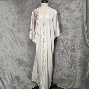 Victorias Secret Robe Women Cream Floral Vintage Gold Label Satin Kimono No Belt